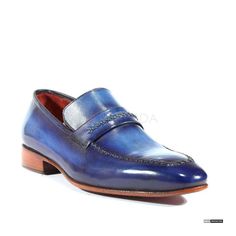 Paul Parkman Handmade Shoes Handmade Mens Shoes Stitched Hand-Painted Navy / Blue Loafers (PM1002)-AmbrogioShoes Blue Loafers, Handmade Leather Shoes, Mens Designer Shoes, Shoes Handmade, Leather Moccasins, Leather Shoes Men, Well Dressed Men, Handmade Shoes, Handmade Leather