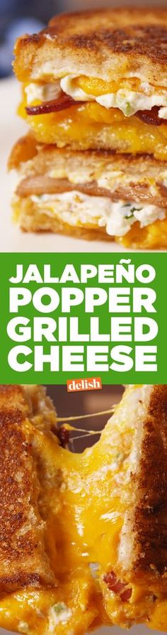 two grilled cheese sandwiches stacked on top of each other with the words jalapeno popper and grilled cheese