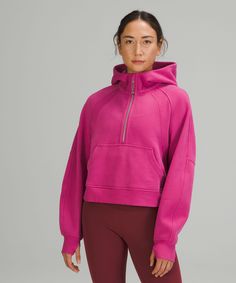 With an oversized fit and the soft, cozy fabric you love, this new half-zip Scuba silhouette keeps your post-practice comfort at peak levels. Designed for On the Move. An exaggerated fit that feels extra roomy:Not too short, not too long, just right around the waistband. Zipper garage keeps chafe in check. Kangaroo pocket with hidden phone sleeve. Elastic zipper pull doubles as an emergency hair tie. Thumbholes. 'Wash with like colours', 'Machine wash cold', 'Do not bleach', 'Tumble dry low', 'D Athletic Crop Top, Yoga Jacket, Lululemon Outfits, Lululemon Scuba Hoodie, Lululemon Scuba, Half Zip Hoodie, Women Hoodies Sweatshirts, Pink Hoodie, Long Hoodie