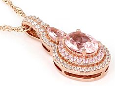 Bella Luce® Esotica™ morganite, pink, and white diamond simulants 1.75ctw oval, pear, and round, Eterno™ 18k rose gold over sterling silver pendant with chain. Pendant measures approximately 0.94" L x 0.44" W. Includes a 18" L x 0.03" singapore chain that has a 2" extender and lobster claw clasp closure. Pink Morganite Pear-shaped Jewelry, Pink Pear-shaped Morganite Jewelry, Pink Pear-shaped Jewelry With Diamond Accents, Diamond Simulant, Chain Pendant, Morganite, Sterling Silver Pendant, 18k Rose Gold, White Diamond