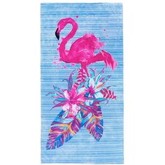 a pink flamingo standing on top of a blue towel with flowers and leaves around it