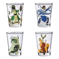 four shot glasses with avatar designs on them