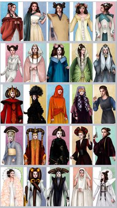 many different types of costumes and hair for people to wear in the same color scheme