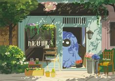 an illustration of a blue monster in front of a flower shop with potted plants