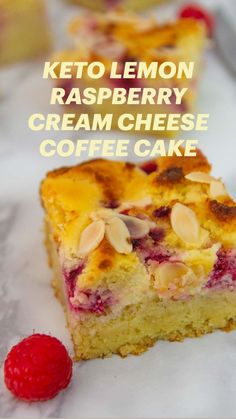 raspberry cream cheese coffee cake with almonds on top and the words keto lemon raspberry cream cheese coffee cake