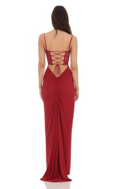 Sequin Lace Cutout Maxi Dress in Red | LUCY IN THE SKY Prom Dresses Red Burgundy, Christmas Maxi Dress, Red Halter Dress, Red Dress Long, Red Bridesmaids, Red Corset, Red Bridesmaid Dresses, Cutout Maxi Dress, Lace Cutout