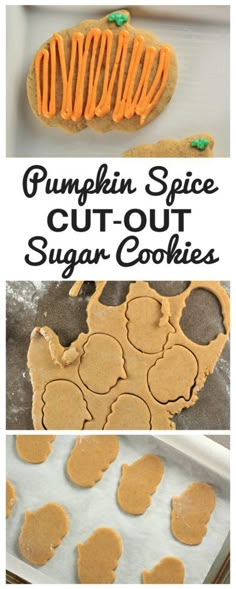 pumpkin spice cut out sugar cookies in the process of being baked and then decorated with icing