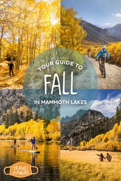 the cover of your guide to fall in mammoth lakes, with images of people riding bikes and canoes