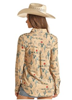 Cactus print 100% Viscose Snap front 2 Pocket Snap at neck Long sleeve Desert Tan Western Style Long Sleeve Graphic Print Shirt, Snap Button-up Tops For Rodeo, Button-up Tops With Snap Buttons For Rodeo, Western Snap Button-up Tops, Rodeo Button-up Shirt With Pockets, Clothes Embroidery Diy, Cowgirl Shirts, Cactus Print, Embroidery On Clothes