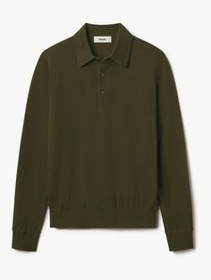 A classic collared sweater in a light and lofty superfine cashmere you can wear all year round. | Buck Mason Men's California Cashmere L/S Polo Sweater in Field Olive, Size Small Fall Tee Shirts, Cashmere Polo, Buck Mason, Collared Sweater, Stylish Hoodies, Concept Clothing, Polo Sweater, Raw Denim, Collar Sweater