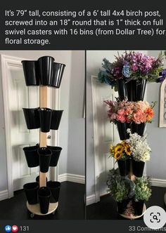 there are three tall vases with flowers in them