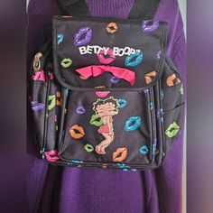 New...! Retro Black Bags For Back To School, Betty Boop Black, White Backpack, Silver Bling, Backpack Tote Bag, Y2k Black, Small Backpack, Backpack Purse, Betty Boop