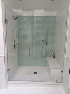 a walk in shower sitting inside of a bathroom