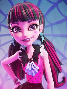 a cartoon girl in a pink dress with long black hair and big blue eyes, holding her hand on her hip