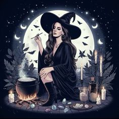 a witch sitting in front of a caulder filled with candles and witches hat