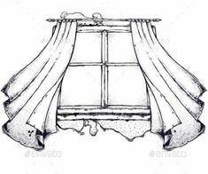 an open window with curtains drawn in ink on white paper - stock photo - images