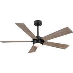 a ceiling fan with two wooden blades and a light fixture on the top of it