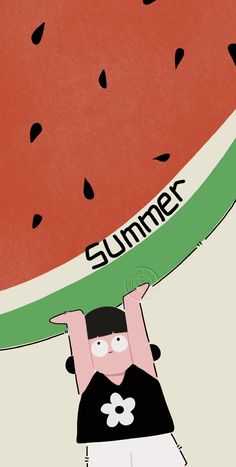 a person holding up a large piece of watermelon with the word summer on it