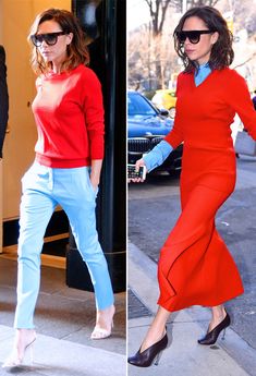 two women in red and blue outfits are walking down the street, one is wearing black heels