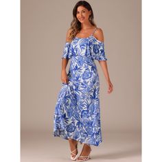 This off-shoulder tropical dress with a ruffle sleeve and midi-length details adds to your femininity. Suits for daily wear, casual, dating, weekend, shopping, beach, outdoors, vacation, etc. Pair with sandals and pretty bags for a casual and fashionable look. Fashioned in a lively flower pattern with a flare sleeve, this off-shoulder dress features midi length for a crisp finish to any look. Summer Blue Off Shoulder Dress For Brunch, Off-shoulder Printed Midi Dress For Summer, Vacation Maxi Off Shoulder Dress With Ruffles, Off-shoulder Blue Maxi Dress For Summer, Summer Off-shoulder Tropical Print Dress, Summer Tropical Print Off-shoulder Dress, Off-shoulder Tropical Print Summer Dress, Off-shoulder Summer Dress With Tropical Print, Off-shoulder Floral Print Midi Dress For Beach