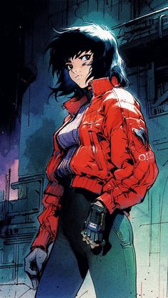 an anime character in a red jacket and black pants with her hands on her hips