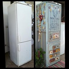 two refrigerators side by side with designs on the doors and bottom one is white