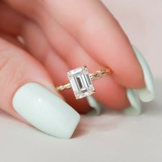 Emerald Cut Moissanite Solitaire Hide Halo Engagement Proposal Ring Promise Ring Moissanite Engagement Ring Solitaire, Emerald Cut Moissanite, Moissanite Diamond Rings, Twisted Band, Emerald Cut Diamond, Dream Engagement, Round Moissanite, Moissanite Wedding Bands, Ring Setting