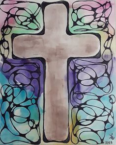 a painting of a cross with blue and purple paint on it's sides, surrounded by bubbles