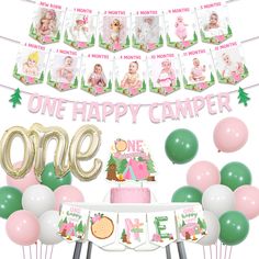 one happy camper 1st birthday party decorations and table with pink, green and gold balloons