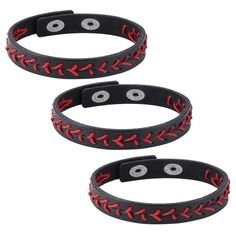 two black and red leather bracelets with baseball stitching on the ends, one is adjustable