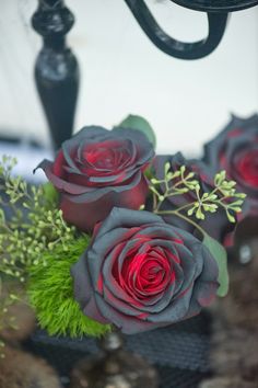 three red roses sitting on top of a black vase filled with green leaves and greenery