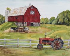 a painting of a farm scene with a red tractor and two cows by a barn