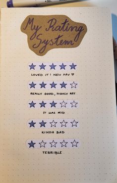 an open notebook with stickers and writing on the pages that say my ratings system