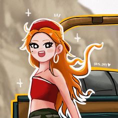 a drawing of a girl with long red hair standing in front of a yellow car