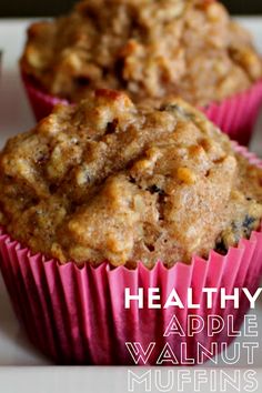 healthy apple walnut muffins on a plate with text overlay that reads healthy apple walnut muffins