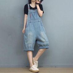 Comfortable, One of Kind. Overalls online shop,|Street|Cotton|Solid Color|Cropped Pants/Skirts|Button|Pullover|Loose|Female|Light Blue|Black|One Size|Summer|Hand Wash Light Wash Overalls, Gardening Clothes, Flower Embroidered Jeans, Jumpsuits Plus Size, Summer Overalls, Overalls Casual, Rompers Online, Gardening Outfit, Denim Patterns