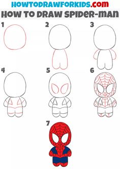 how to draw spiderman step by step for kids in the style of cartoon characters