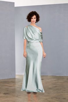 P359S - Draped Bodice Gown – Amsale Pre-draped Ruched Gown With Asymmetrical Neckline, Pre-draped Asymmetrical Gown With Ruched Details, Asymmetrical Neckline Pre-draped Ruched Gown, Pre-draped Bridesmaid Dress With Asymmetrical Neckline, Fitted Bias Cut Pre-draped Evening Dress, Off-shoulder Pre-draped Wedding Dress, One-shoulder Gown With Ruched Bodice Pre-draped, One Shoulder Evening Dress With Draped Sleeves For Wedding, Pre-draped Off-shoulder Formal Gown