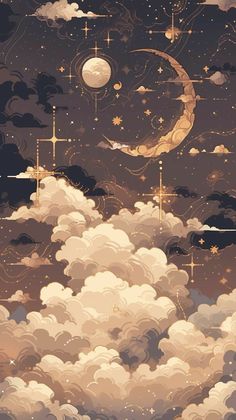 the sky is filled with clouds and stars, as if it were floating in the air