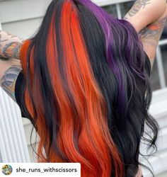 Split Dyed Hair Halloween, Hair Color Ideas Colorful Half And Half, Halloween Split Dye, Black And Orange Hair Split, Fall Split Dye Hair, Spooky Hair Color, Orange And Purple Hair, Purple And Orange Hair, Halloween Hair Dye