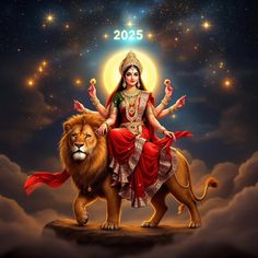 a woman sitting on top of a lion in front of a sky filled with stars