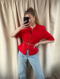 - Vintage red wool blazer, elegant women's jacket with short sleeves - Good vintage condition  - TAG SIZE: No information - Fabric information: 100% wool, lining 100% viscose Estimated to fit XS-S-M-L based on your desired fit. Measurements (laying flat): - Shoulders (back): 42 cm - Length: 62 cm - Sleeve: 32 cm - Armpit to armpit: 53 cm Vintage clothes may come with minor flaws due to pre-loved wear. But most importantly it is a one-of-a-kind piece with its own character. By shopping secondhand Formal Spring Blazer With Short Sleeves, Chic Short Sleeve Blazer For Formal Occasions, Formal Short Sleeve Blazer For Spring, Chic Short Sleeve Formal Blazer, Formal Spring Short Sleeve Blazer, Elegant Short Sleeve Spring Blazer, Formal Short Sleeve Spring Blazer, Tailored Short Sleeve Outerwear For Formal, Classic Short Sleeve Fall Blazer