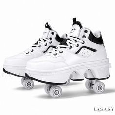 a pair of white roller skates with black and white laces