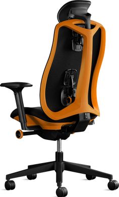 an orange and black office chair with wheels