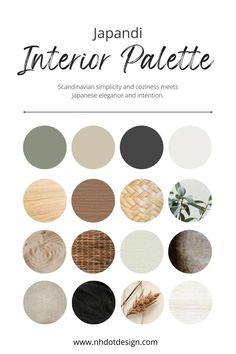 the japanese interior palette is shown in shades of beige, black and white with text that reads