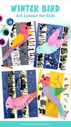 four pictures of birds in the woods with snow falling on them and one bird sitting on a tree branch