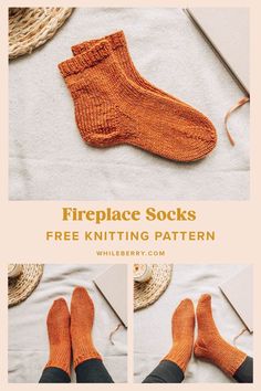 the instructions for knitting socks are shown in three different pictures, including one with an orange sock