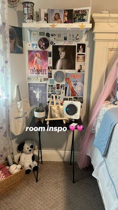 a bedroom with a bed, desk and pictures on the wall above it that says room inspo