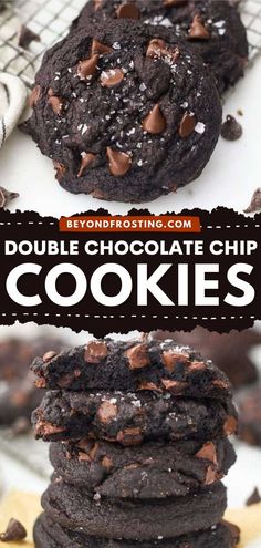 Look forward to trying this easy baking recipe! These Double Chocolate Chip Cookies are the BEST. Soft, chewy, fudgy, and finished with a touch of sea salt, they're the dessert idea of your dreams! Easy Dessert For A Crowd, Chocolate Cookie Recipes Easy, Easy Homemade Cookies, Best Chocolate Desserts, Double Chocolate Chip Cookies, Double Chocolate Cookies, Frozen Cookies, Soft Bakes, Baking Recipe