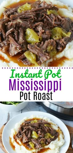 an instant pot roast with mashed potatoes and green peppers on the side is shown